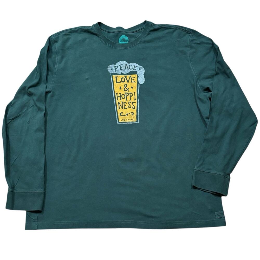 Life is Good Beer Mug Graphic Print Peace Love Hoppiness Green L/S Cotton XXL